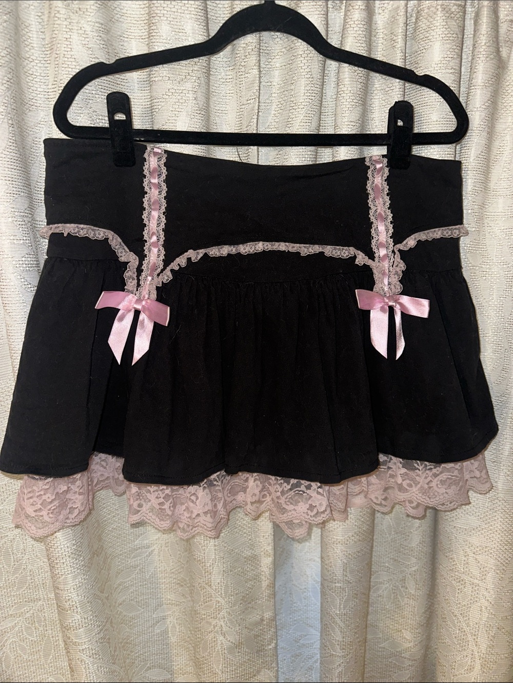 Widow Black Skirt with Pink Lace Trim and Bows